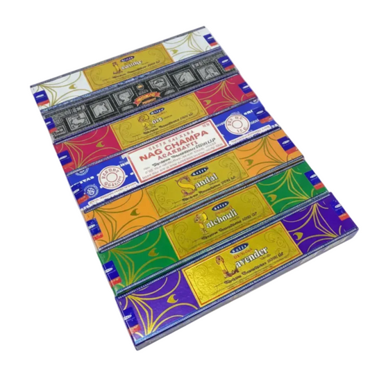 Satya Natural Incense Gift Set containing Rose, Nag Champa, Patchouli, Super Hit, Lavender, Jasmine, and Sandalwood. Side Orientation